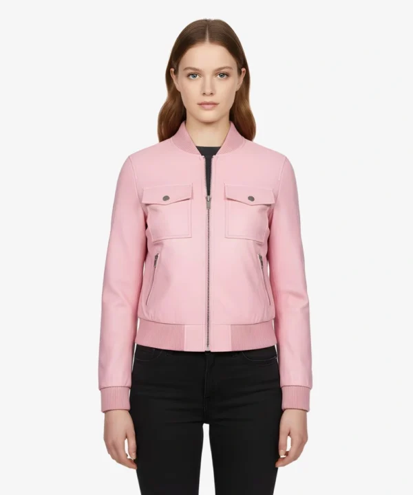Womens Pink Motorcycle Biker Leather Bomber Jacket