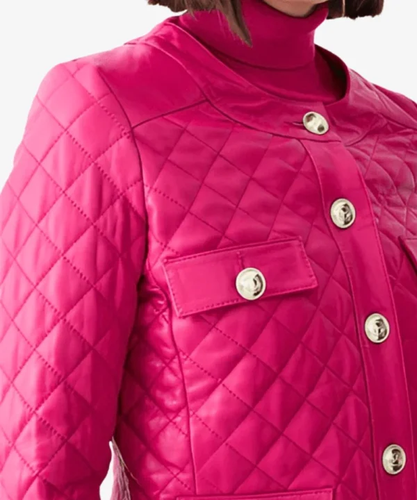 Women's Pink Quilted Leather Trucker Bomber Jacket