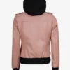 Women's Pink Real Leather Bomber Jacket With Hood
