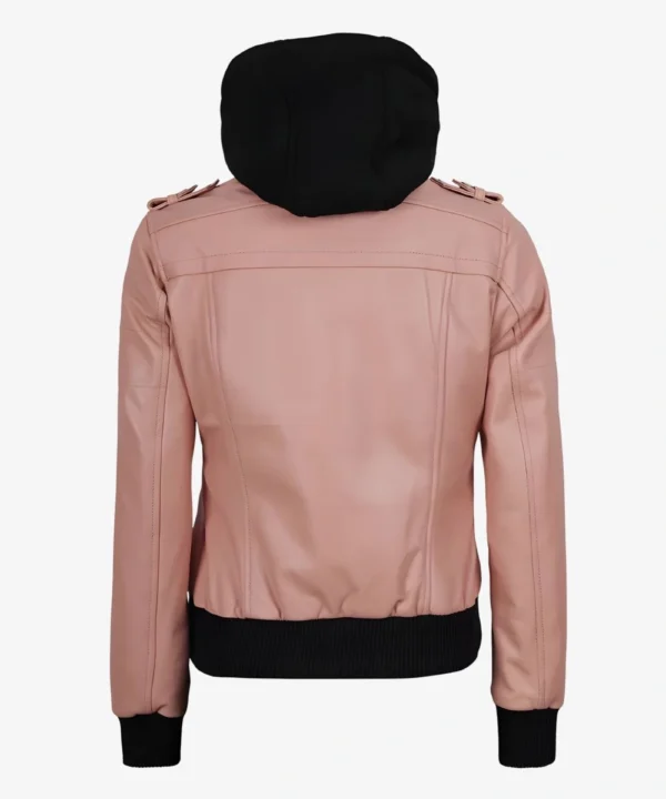 Women's Pink Real Leather Bomber Jacket With Hood