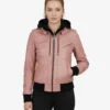 Women's Pink Real Leather Hooded Bomber Jacket
