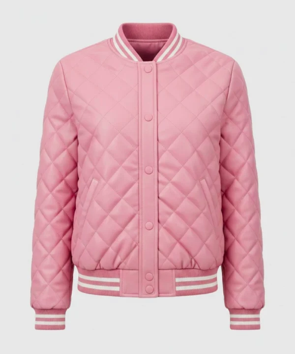 Women's Pink Varsity Leather Bomber Jacket