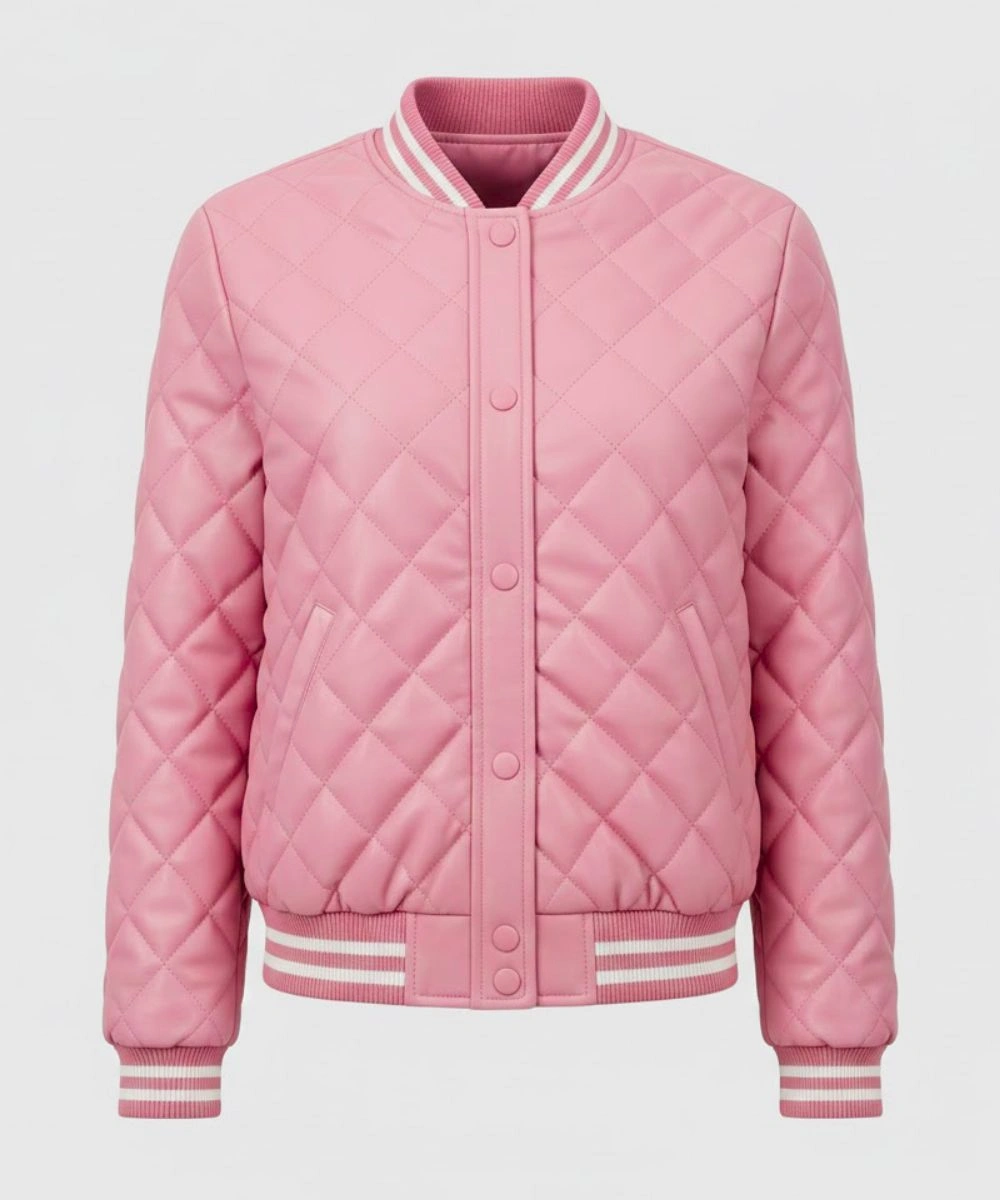Women's Pink Varsity Leather Bomber Jacket