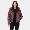 Women's Puffer Leather Jacket Burgundy