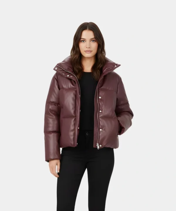 Women's Puffer Leather Jacket Burgundy