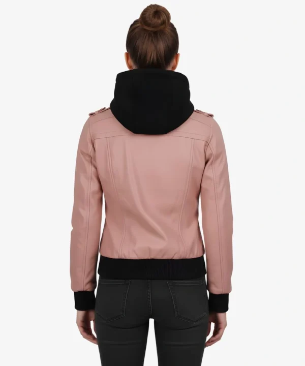 Women's Real Leather Hooded Bomber Jacket Pink