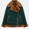 Akris Yasha Genuine Beige Shearling Green Leather Jacket
