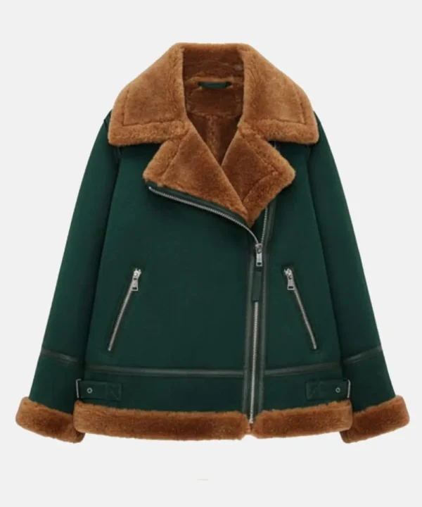 Akris Yasha Genuine Beige Shearling Green Leather Jacket