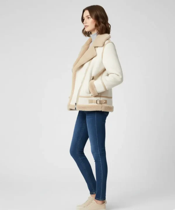 Akris Yasha Genuine Beige Shearling White Leather Jacket