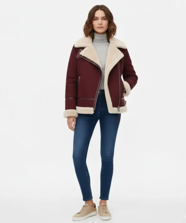 Akris Yasha Genuine Shearling Maroon Leather Jacket