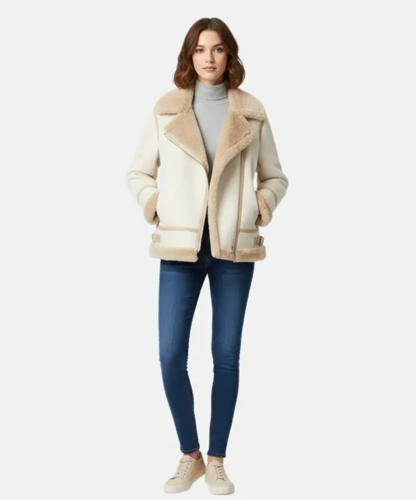 Akris Yasha Women Beige Shearling Leather Sheepskin Leather Coat Winter Lapel Coat