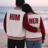 Date Night Couples Matching Pack of 2 Valentine Day Varisty Bomber Jacket White & Red