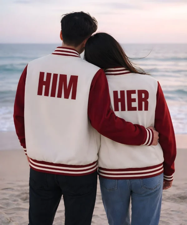 Date Night Couples Matching Pack of 2 Valentine Day Varisty Bomber Jacket White & Red