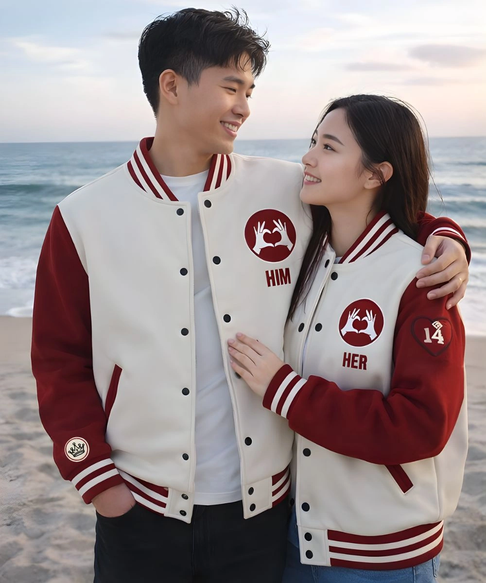 Date Night Couples Matching Pack of 2 White & Red Valentine Day Varisty Bomber Jacket