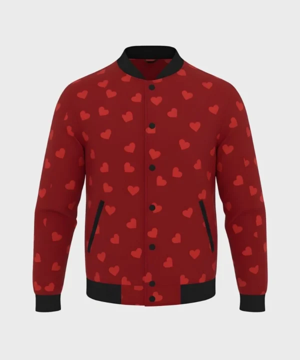 Men's Valentine Day Special Red & Black Heart Printed Bomber Jacket