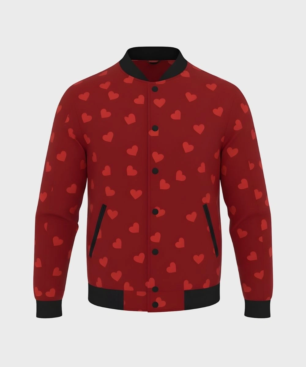 Men's Valentine Day Special Red & Black Heart Printed Bomber Jacket