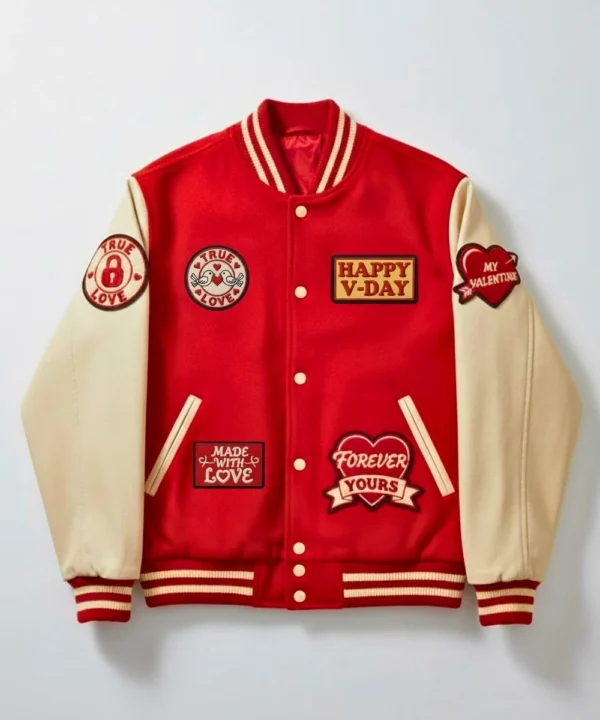 Men's Valentine Day Special Red & Cream Varsity Bomber Jacket