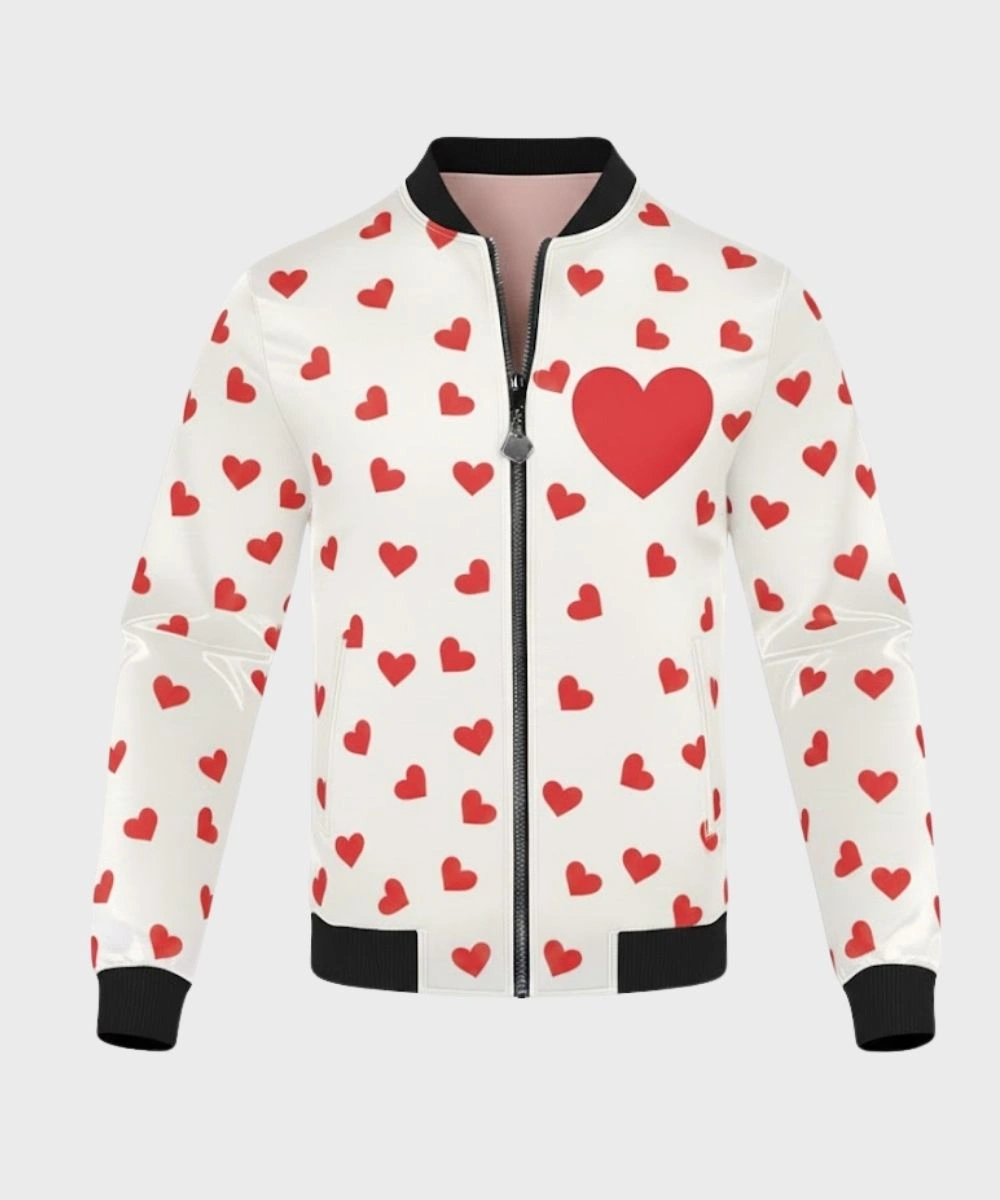 Men's Valentine Day Special White & Red Heart Printed Varsity Bomber Jacket