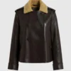 Old Style Dark Brown Fur Shearling Collar Leather Jacket For Women's
