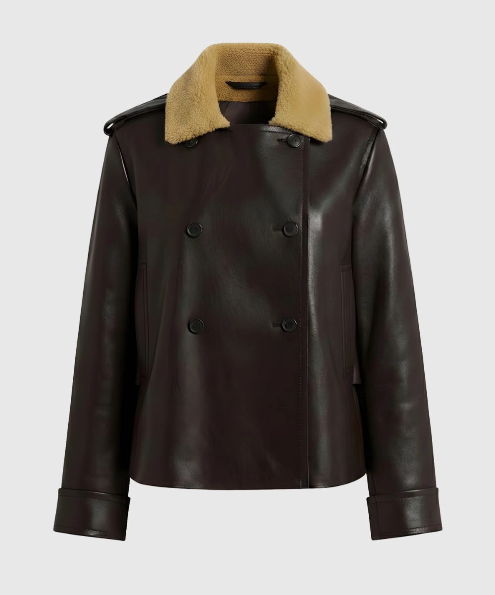 Old Style Dark Brown Fur Shearling Collar Leather Jacket For Women's