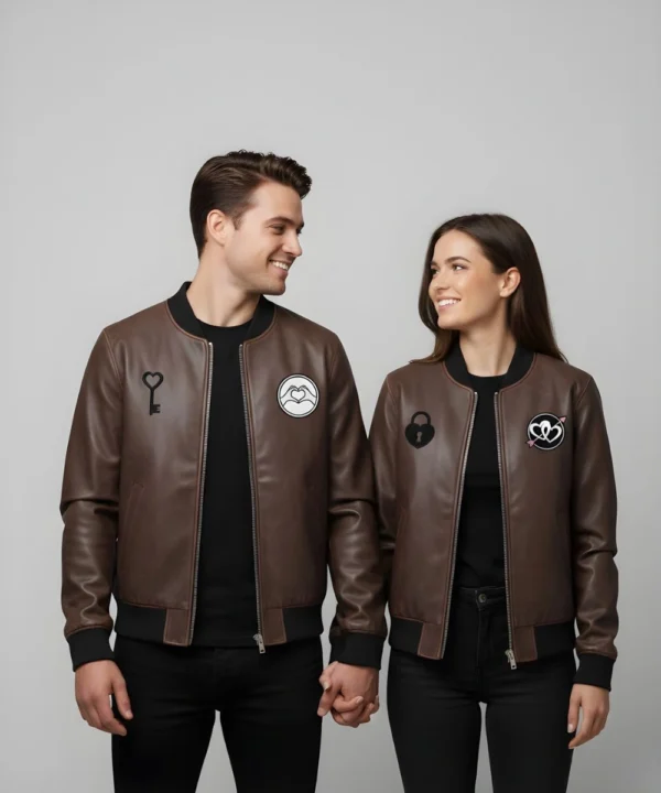 Valentine Day Couples Matching Date Night Brown Leather Jacket