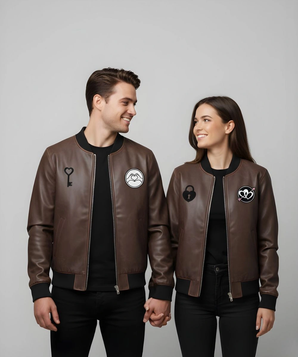 Valentine Day Couples Matching Date Night Brown Leather Jacket