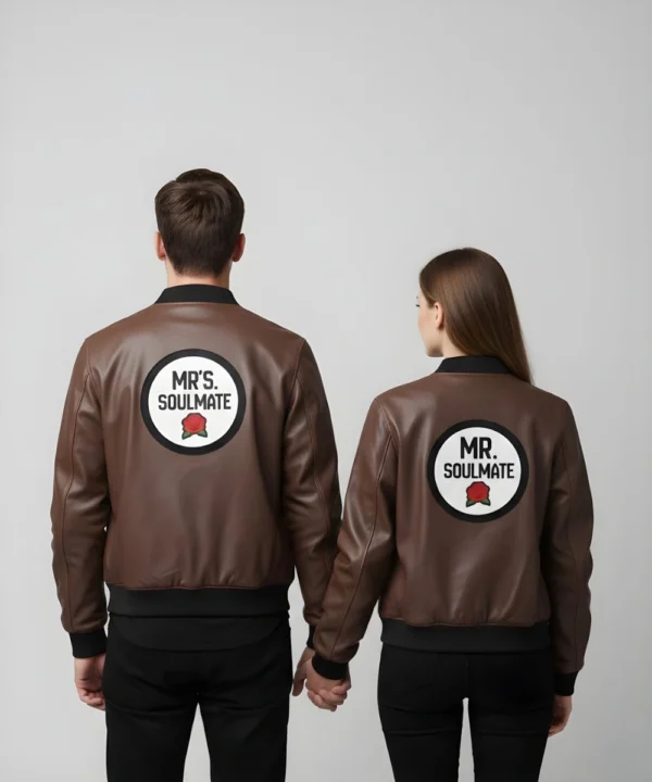 Valentine Day Couples Matching Outfit Date Night Brown Leather Jacket