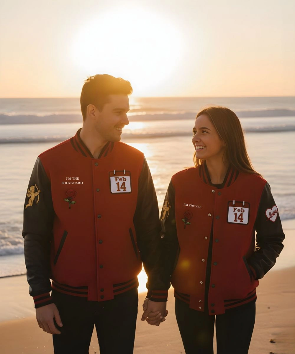 Valentine Day Couples Matching Pack Of 2 Varsity Jacket Red & Black