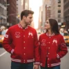 Valentine Day Couples Matching Red Wool Varsity Jacket