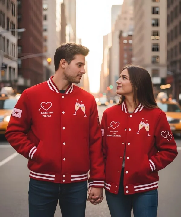 Valentine Day Couples Matching Red Wool Varsity Jacket