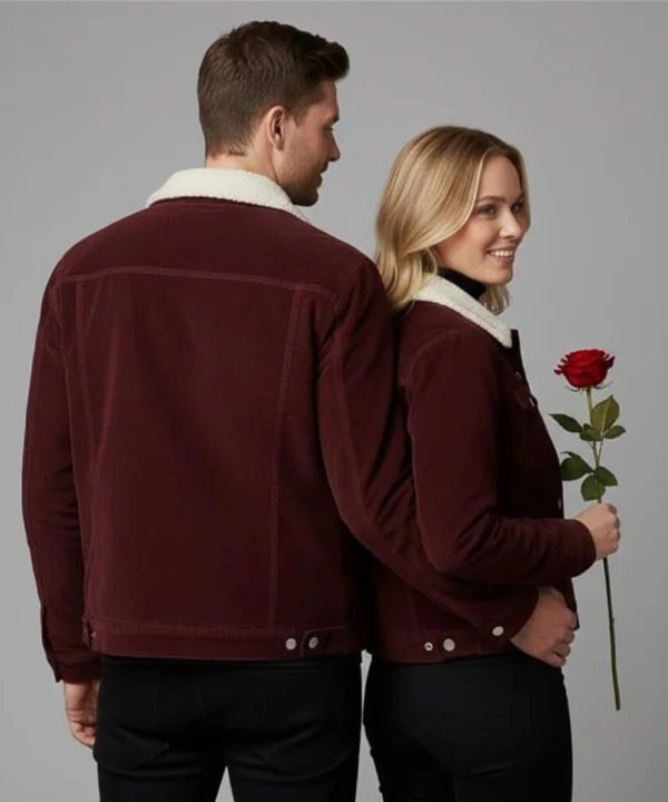 Valentine Day Couples Pack of 2 Date Night Corduroy Burgundy Sherpa Trucker Jacket