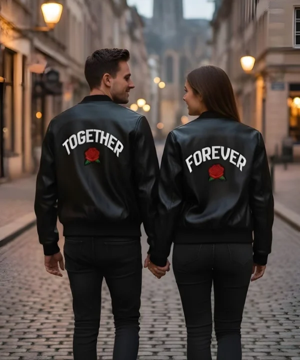 Valentine Day Date Night Couples Matching Black Leather Jacket