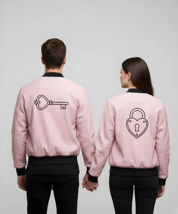 Valentine Day Date Night Couples Matching Pink Bomber Jacket