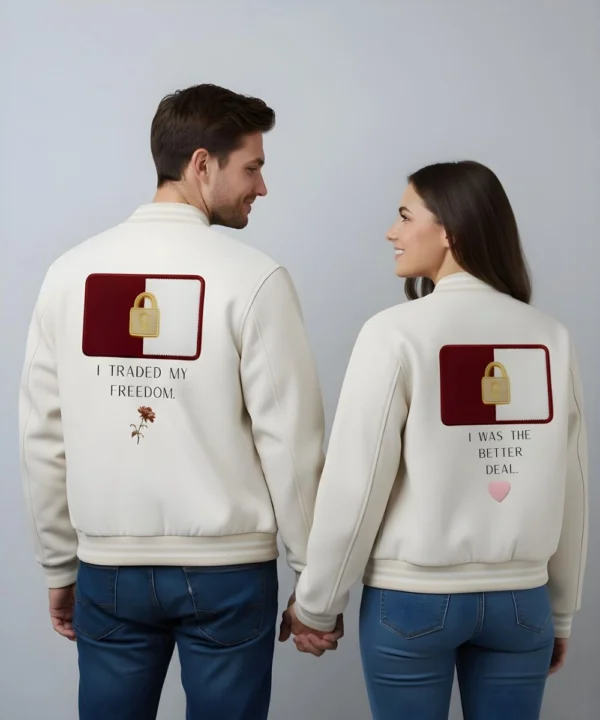Valentine Day Pack of 2 Couples Matching Date Night White Varsity Jacket