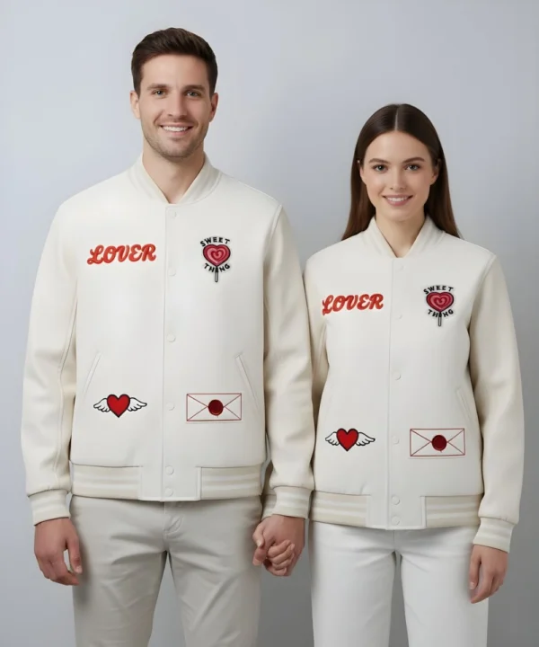 Valentine Day Pack of 2 Couples Matching Outfit Date Night White Varsity Jacket