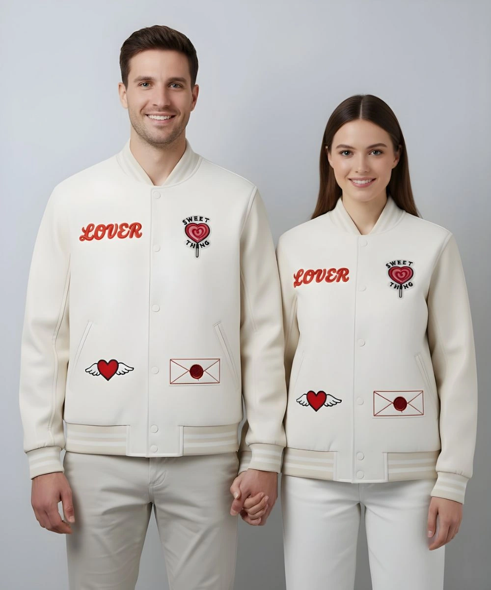 Valentine Day Pack of 2 Couples Matching Outfit Date Night White Varsity Jacket