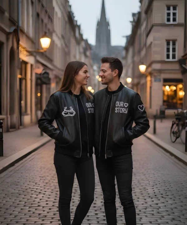 Valentine Day Pack of 2 Date Night Couples Matching Black Leather Jacket