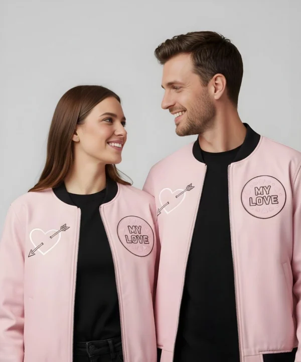 Valentine Day Pack of 2 Date Night Couples Matching Pink Bomber Jacket