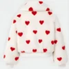 Valentine Day Red Heart Printed Fur Fleece White Cropped Jacket