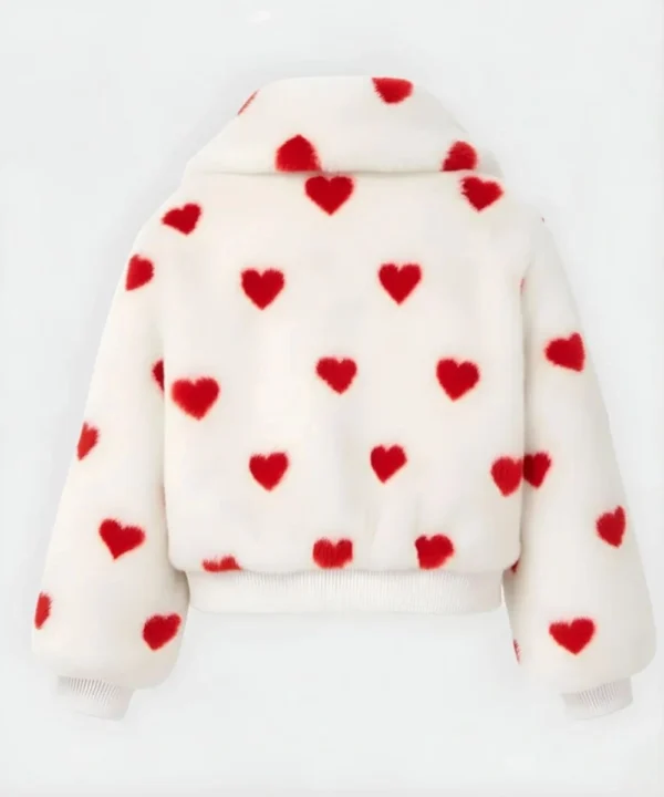Valentine Day Red Heart Printed Fur Fleece White Cropped Jacket