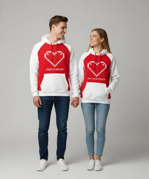 Valentine Day Special Couples Matching Red & White Hoodie