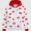 Valentine Day Special Lips Kiss Print White Zipper Hoodie