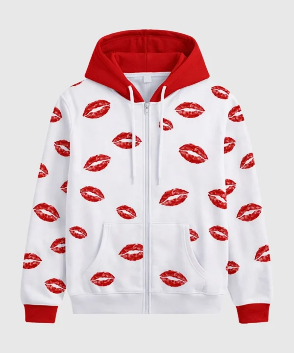 Valentine Day Special Lips Kiss Print White Zipper Hoodie