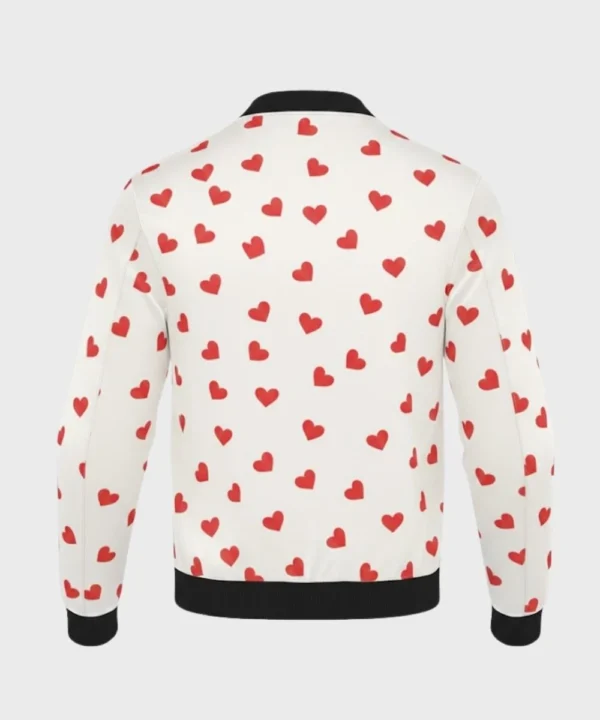 Valentine Day Special White & Red Heart Printed Varsity Bomber Jacket