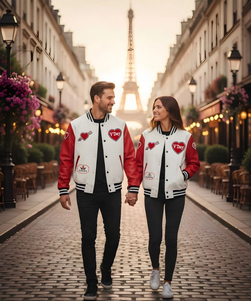 Valentine’s Day Special Date Night Couples White & Red Bomber Varsity Jacket