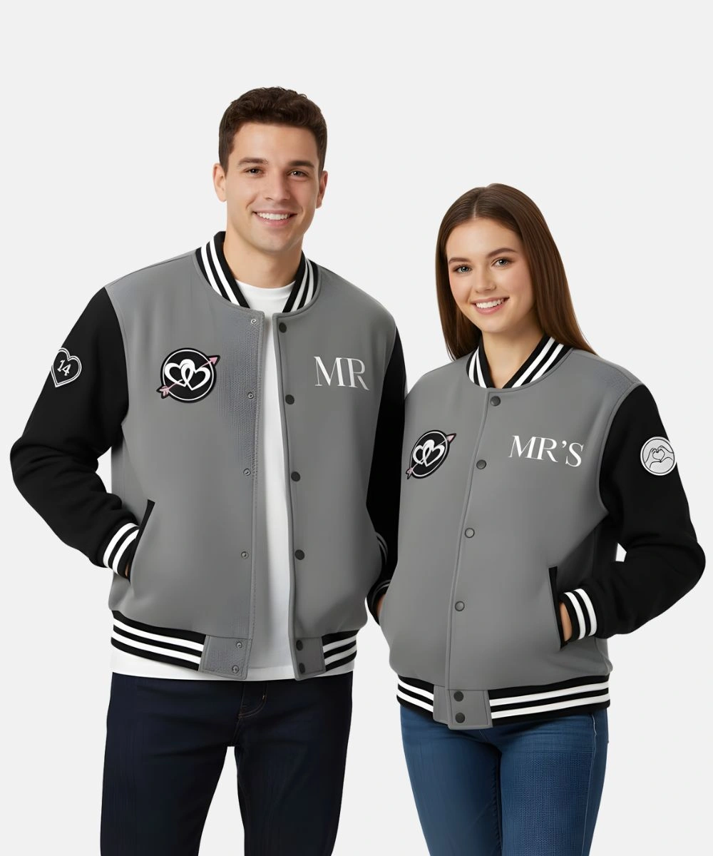 Valentine’s Day Special Pack of 2 Couples Grey & Black Wool Varsity Bomber Jacket
