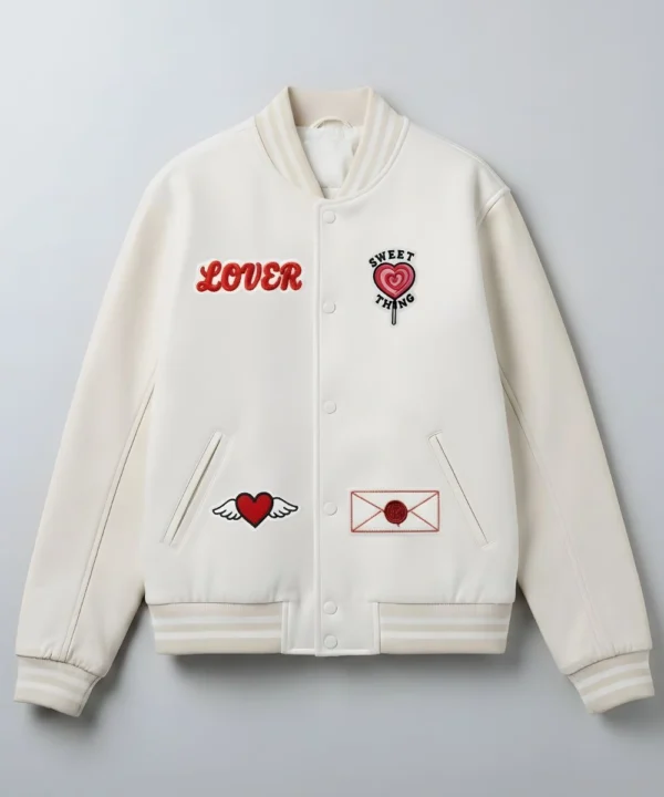 Valentine’s Day Special Pack of 2 Couples Matching Outfit Date Night White Leather Varsity Bomber Jacket