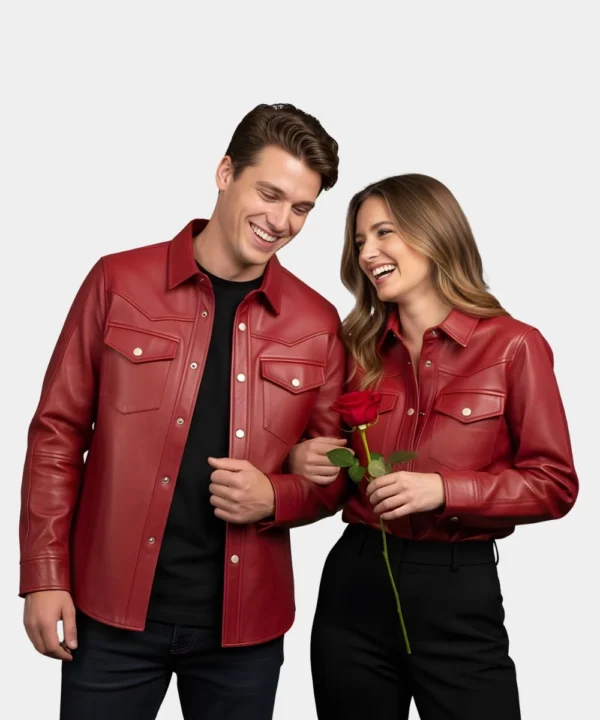 Valentine’s Day Special Pack of 2 Couples Matching Red Trucker Leather Jacket