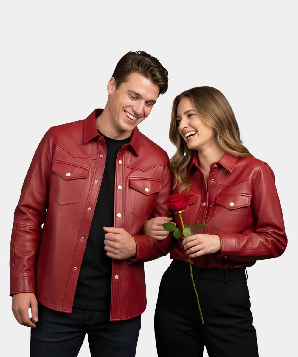 Valentine’s Day Special Pack of 2 Couples Matching Red Trucker Leather Jacket