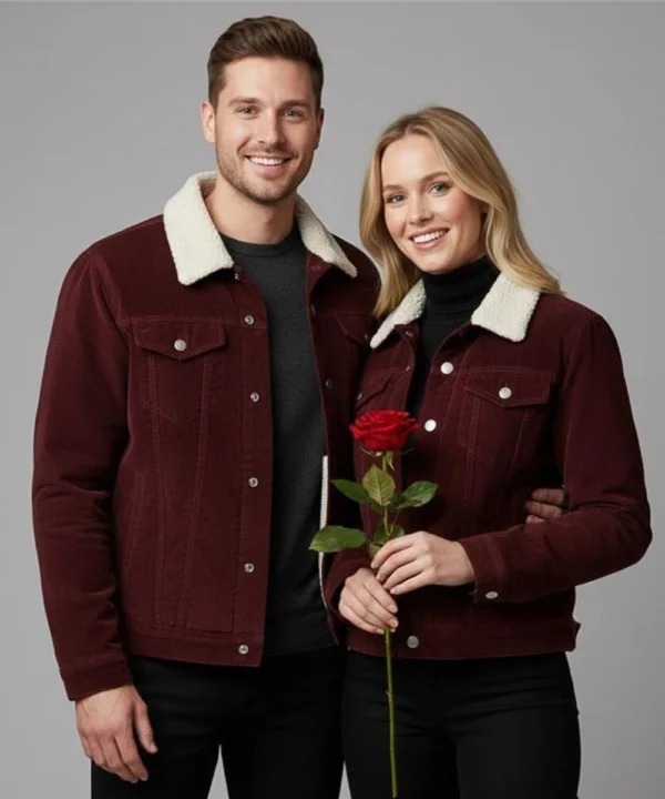 Valentine’s Day Special Pack of 2 Date Night Couples Corduroy Burgundy Sherpa Trucker Jacket